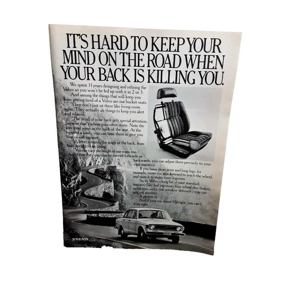 Vintage 1973 Volvo Print Ad Original Auto Ad “Your Back Is Killing You”